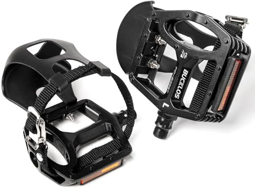 AEYINO Bike Pedals with Toe Cages and Straps - Toe Clips Cage Compatible with Road Bike/Peloton/Mountian Bikes/MTB/Bicycle- Toe Clip Pedal for Wide Shoes Indoor Outdoor Cycling