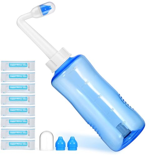 GOOHOCHY Botella de Lavado Nasal de 500 Ml con Boquilla Angular y Flujo Suaveado, Paquete de Sal de Enjuague para Irrigación Nasal y Limpieza Eficaz