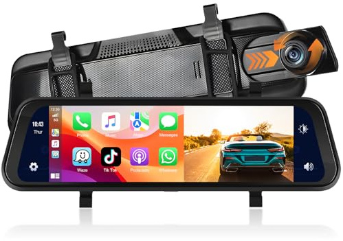 Motorsi Cámara Coche 9.66 Espejo con Apple Carplay Inalámbrico, Android Auto con Cámara Trasera HD, IPS Táctil Doble 1080P Cámara Espejo Coche, 2 Pantallas Divididas, Bluetooth