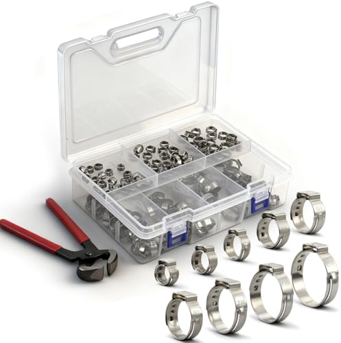 POUMUE 180PCS Fascette Stringitubo in Acciaio Inox 304 con Pinza, 9 Misure 6-25,6 mm Fascette Metalliche Stringitubo Fascette Acciaio Inox, Fascette Stringitubo a Orecchio Singolo per Tubi Gas, Acqua