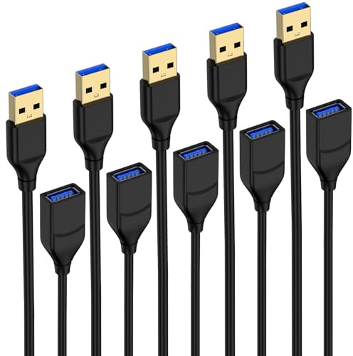 5Pack USB Extension Cable,Type A Male to Female Extension Cord High Data Transfer Compatible with Keyboard/Mouse/Flash Drive/Printer/Camera/Webcam/Hard Drive/USB Hub,6FT USB A Extender Cord - Black