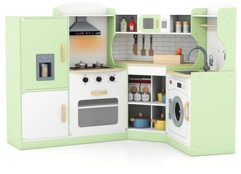 COSTWAY Kids Corner Play Kitchen, 9-in-1 Wooden Pretend Cooking Playset with Realistic Lights & Sounds, Accessory Utensils, Children's Chef Role Play Set for Boys Girls (Green)