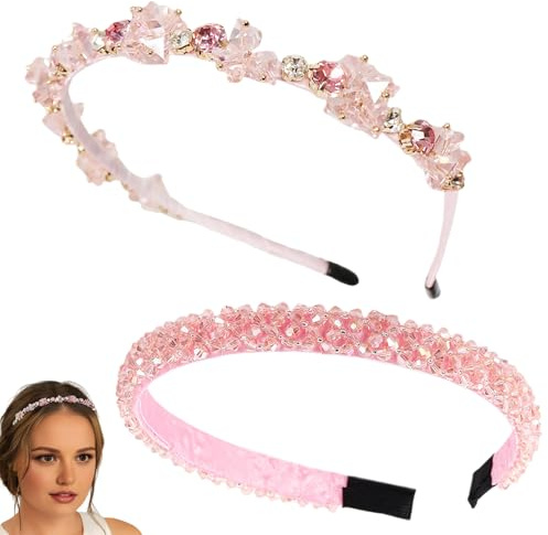 ZenyTra Set di 2 cerchietti per capelli da donna, con strass e cristalli di colore rosa, stile principessa con vestibilità antiscivolo, per costume tradizionale Dirndl, feste, matrimoni e uso