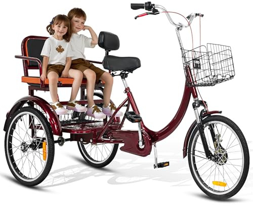 MOOITZ 20 Inch 3-Wheel Bikes, Adult Tricycle, Trike for Adults with Seat and Seat Belt, Low Step-Through Cruiser Bike with Front and Rear Baskets, Adult Tricycles for Women, Seniors, Men, Red