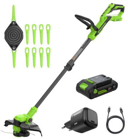 Greenworks 24 V borstlös grästrimmer Gen2 2-i-1 med batteri för små till medelstora trädgårdar, höjdjusterbar, 30 cm skärbredd, inkluderar 10 plastblad med 2,0 Ah batteri och laddare ST3002