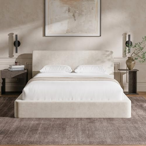 Recci Airframe Double Bed Frame, Cloud Bed Frame with Ergonomic Angled Headboard, 360° Fully Cushioned Platform Bed, Modern Minimalist Low Bed Frame, Noise-Free, No Box Spring Needed, Beige Chenille