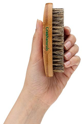 GranNaturals Military Style Boar Bristle Hair Brush for Men and Boys - Palm Size Hairbrush and Beard Brush for Grooming Thin, Fine, Facial and Short Hair - Soft Bristle Slick Back & Smoothing