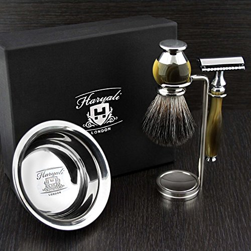 Haryali London, 4 Pcs Men’s Shaving Set with Double Edge Safety Razor, Hair Shaving Brush, Stainless Steel Shaving Bowl & Stand – Traditional Wet Shaving Kit for Men, Grooming Gift Set