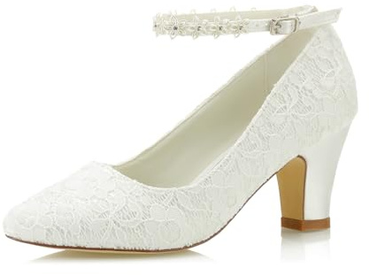 JIAJIA 62311A Kvinnor Brudskor Stängt Toe 7cm Tjock klack Spets Satäng Pumps Satäng Blomma Bröllopsskor