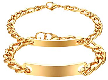 JewelryWe Smycken, pararmband med gravyr, rostfritt stål, polerad, figarokedja, partnerarmband, vänskapsarmband, par, armring, armband för män och kvinnor, silver/guld/svart roséguld, Rostfritt stål