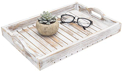 MyGift Shabby Chic Whitewashed Wood Breakfast Serving Tray with Cutout Handles with Slatted Design, Breakfast Ottoman Coffee Table Tray, 16 x 11 Inches