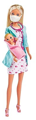 Simba 105733493 - Baby Doctor, Puppe als Kinderärztin mit Mundschutz und viel Zubehör, Baby mit Fieber