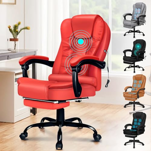 ELFORDSON Executive Massage Office Chair for Home Office, PC Chair with Footrest Armrests, Computer Desk Chairs with 150° Recliner, Ergonomic for Heavy-duty, PU Leather, Red