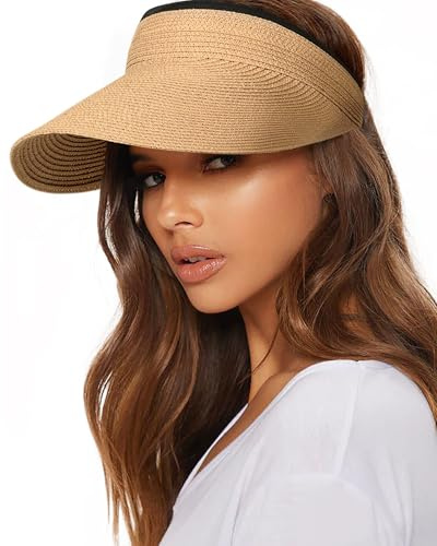FURTALK Womens Sun Visor Hat Straw Sun Visors for Women Summer Packable Ponytail Beach Hats for Women Travel UPF 80+ Khaki