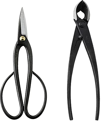 Wazakura Kit Outils Essentiels pour Bonsaï et Jardinage Japonais Fabriqué au Japon, Ciseaux à Bonsaï Ashinaga 200mm avec Coupe Branches Concave 200mm, Débutants et Confirmés