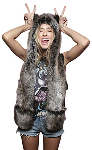 DAKIFENEY Gorro 3 en 1 para mujer y hombre, con diseño de lobo y leopardo, con patas, guantes gruesos para invierno, cálido, con orejeras, para mujer, color gris oscuro
