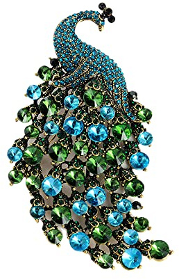 Rhinestone Peacock Brooch Pin for Women Girls Fashion Exquisite Exaggerated Big Crystal Bird Animal Brooches Lapel Pins Elegant Dress Accessories Wedding Christmas Birthday Jewelry Gift (Blue Green)