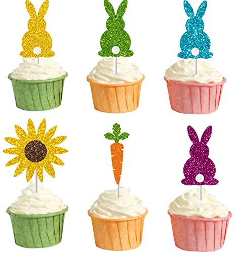 KARLOR 24 Stück Cupcake Topper Ostern, Hase Toppers Ostern Party Deko, Glitzer Hase Tortendeko Kuchen Topper Tortenaufleger Hase Möhren Sonnenblume für Ostern Kinder Geburtstagsfeier Gartenpartys
