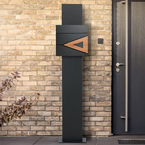 ECD Germany Fristående brevlåda med tidningsfack, fristående brevlådestånd, antracit brevlådestånd 170 cm av pulverlackerat rostfritt stål, antracit/trälook brevlåda 37x36,5 cm av stål