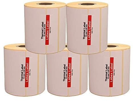 Labex Label Lot de 5 rouleaux d'étiquettes thermiques 75 x 50 mm - En rouleau - Étiquettes d'expédition, de codes-barres, de stockage - Compatible avec Zebra, Argox, Sato