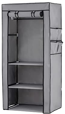Baroni Home Armadio in Tessuto Richiudibile, Mobile Pieghevole Salvaspazio con Struttura in Ferro per Camera da Letto, Cabina Armadio, Grigio, 3 Ripiani, 1 Barra Appendiabiti, 70x46x148 cm