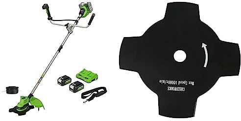 Greenworks Decespugliatore a batteria con tagliabordi senza spazzole, larghezza di taglio di 38 cm, lama da 25 cm con alimentazione a urto, due batterie da 24V 4Ah e caricabatterie GD24X2BCB + lama de