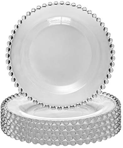 Beaded Glass Side Plate Set - Bella Perle Dinner Set for 4 Vintage Style Frilled Edge Dessert Plates - Four Person Durable Glass Tableware Dinner Service Crockery Set Alfesco Dining Glassware
