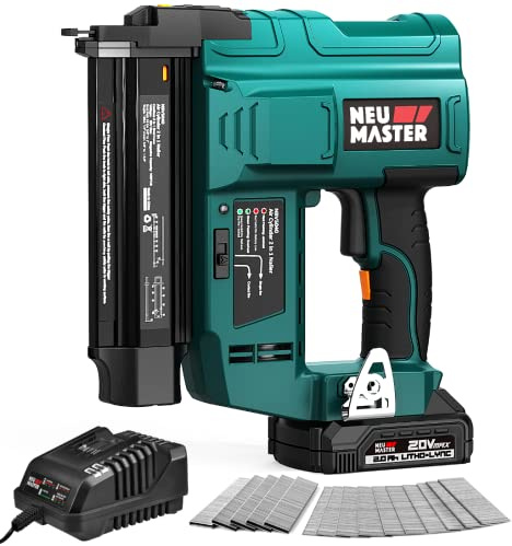 NEU MASTER Nail Gun Battery Powered, 18 Gauge 2 in 1 Cordless Brad Nailer/Staple Gun with 2.0Ah Li-ion Battery, 1000pcs Nails and 500pcs Staples Included, for Home Improvement, Woodworking