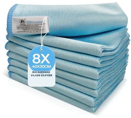 Foyer Nuage 8 paños de limpieza de microfibra para vidrio, 290 g/m², sin pelusas, para pulir espejos, acero inoxidable, ventanas, toallas de microfibra multiusos (azul, 30 x 40 cm)