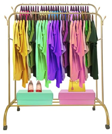 Nyana Perchero Burro Premium Maxi 1 Stand Home | Perchero con Ruedas | Organizador de Ropa | 1 barras para colgar | 4 colgadores laterales | 1 balda inferior | Medidas: 152x110x56 cm (Dorado)