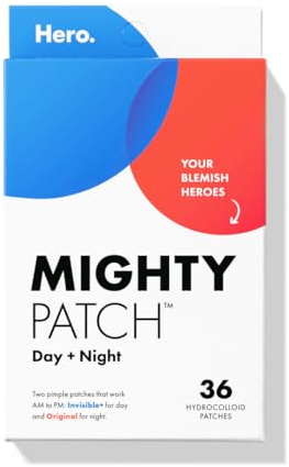 Mighty Patch™ Day and Night Patches – The Hydrocolloid Patch Duo Pack. Derm-Tested. Medical-Grade Hydrocolloid. Absorbs Pimple Gunk in 6-8 Hours. 36ct (18x Original, 18x Invisible+)