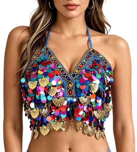 Baisdan Sequin Belly Dance Bra Top with Shell Sparkle Halter Tassel Latin Belly Dance Crop Top for Club Carnival Rave Party Costume Light Blue