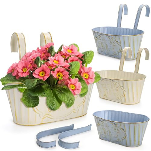 Lawei 4Pcs Hanging Flower Pots Metal Iron Plant Pot Holders Vintage Metal Plant Pot Fench Railing Balcony Garden Hanging Bucket Planters with Detachable Hook