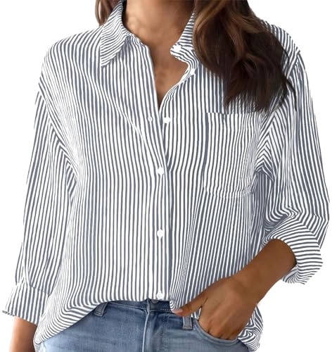 Chemise rayée en coton pour femme, petit chemisier surdimensionné à manches longues, haut de travail, chemise de maquillage pour femme, gris, XXL