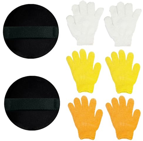 8 Pcs Exfoliating Gloves Set, Shower Gloves for Body Scrubbing, Includes 2 Round Scrub Gloves and 3 Pairs of Five-Finger Gloves in Yellow, Orange, White