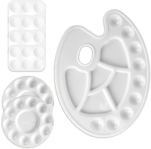 SGERUFZ Set 7 paletas, 1x Mezcla con 14 Compartimentos, 2X Redondas plástico 16 cm, 4X bandejas rectangulares para Pintura, Paleta de plástico para Acuarelas, óleo y Pintura acrílica (Blanco)