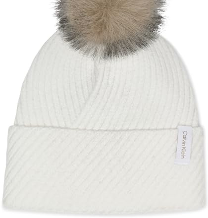 Calvin Klein Women's Diagonal Rib Winter Beanie with Faux Fur Pom, Cream, One Size