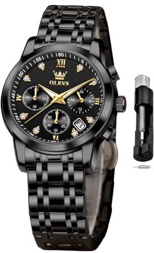 OLEVS Women Wrsit Watches Fashion Dress Diamond Waterproof Stainless Steel Chronograph Black Watch for Women Reloj para Mujer