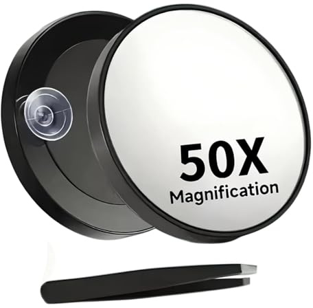 50x Magnifying Makeup Mirror,Suction Cup Mirror,Travel Magnifying M-irror 50x,Small Compact,With Suction Cup & 1 Tweezers,For Travel,Detailed Makeup,Skincare & Contact Lens Wear,8.8 Cm Diameter
