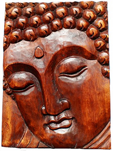 budawi® Wandrelief Buddha Gesicht aus Albasia Holz – Wandbild 40 x 20 cm – asiatische Deko – geschnitztes Holzrelief – spirituelle Wanddekoration – Yoga Meditation Wohnzimmer