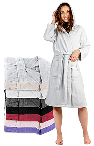 Twinzen Kapuzen Bademantel, Baumwollfrottee für Damen 2 Taschen, Gürtel Oeko TEX Zertifiziert - Morgenmantel - Saunamantel, Weich, Saugfähig und Bequem, S, Grau