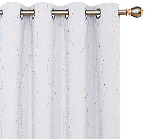 Deconovo White Blackout Curtains for Bedroom, Gold Dotted Line Foil Printed Blackout Curtains, Thermal Insulated Eyelet Curtains, 46 x 54 Inch(Width x Length), Silver Grey, 2 Panels