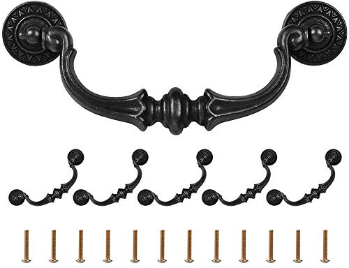 Supkiir 6 Pack Drawer Pulls Handles, 5.5 Hole Center Vintage Antique Black Kitchen Cabinet Knobs Drop Bail Pulls Handles 6.7 Total Length