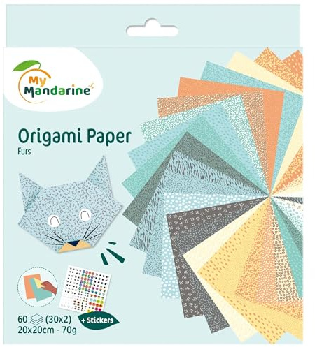 Avenue Mandarine OR513C – Un paquete de 60 hojas origami de 20 x 20 cm, 70 g (30 diseños x 2 hojas) y una tabla de pegatinas incluida, Furos