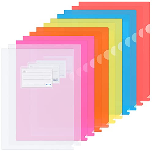 ZCZN 12 Pcs Chemises Plastique Transparent A4 Avec 6 Couleurs - Dossier Pochette Document Personnalisable Avec Porte Carte - Sous Chemise pour Ranger ou Classer Documents | 31 cm x 22 cm, il y a un emplacement sur la couverture où les étiquettes peuvent être placées, 12 pièces