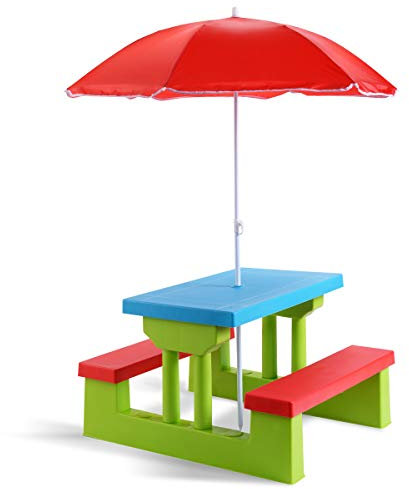 GYMAX Kindersitzgruppe mit Sonnenschirm, Gartenmöbel Kindermöbel inkl. Tisch & Bänke, Sitzgarnitur für Kinder, aus Kunststoff, mit abgerundeten Ecken, für drinnen & draußen