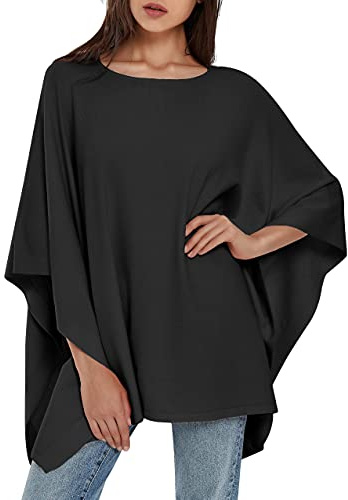 PULI Women's Pullover Poncho Sweater Oversized Loose Fit Soft Shawl Layering Tops for Office Travel Daily Wear,Fall Winter Black