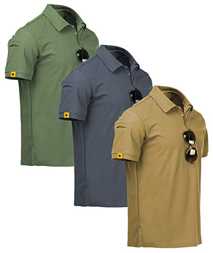 ZITY 3 Pack Mens Polo Shirt Short Sleeve Sports Performance Business Casual Golf Shirts for Men Collared Tactical T-Shirts Khaki Grey Green XX-Large