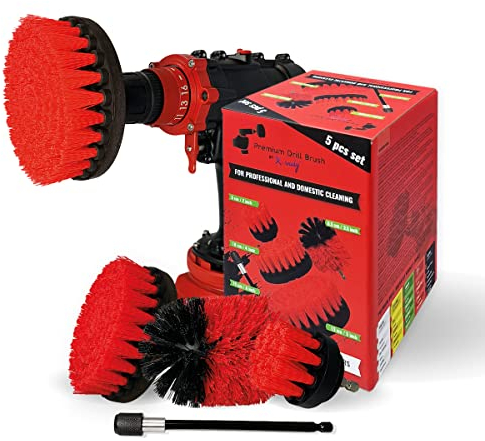Kornely™ Spazzola Premium per Trapano-Rigida, Rossa, Set 5 Pezzi. Spazzola di Pulizia Professionale. Non Graffia le Superfici. Per Garage, Piastrelle, Pietra, Camino e Pulizia dei Cerchioni dell'Auto