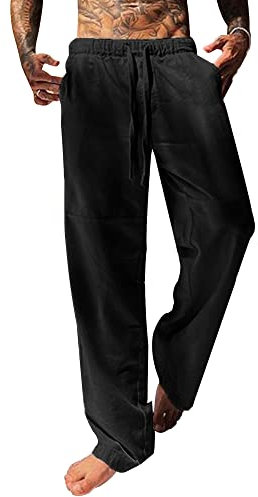 YAOBAOLE Strandhose Herren Lang Leinenhose Leicht Fit Lose Hose Leinen Schwarz XL